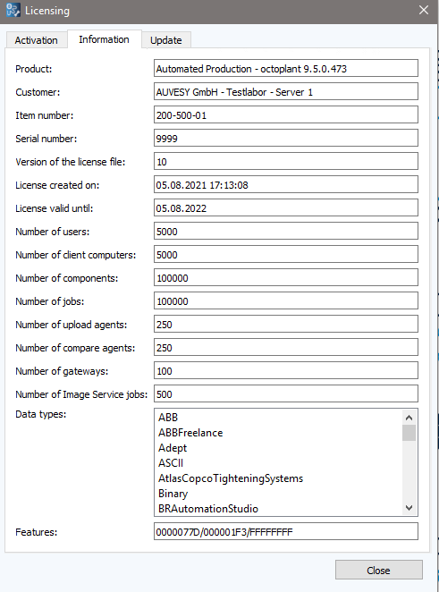 Dialog Lizenzierung, Registerkarte Information