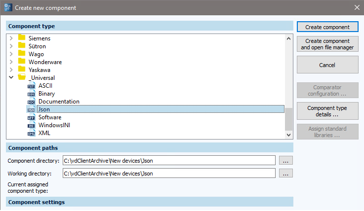 Dialog Eigenschaften der Komponente, Komponente Json