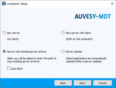 Installation wizard, installation server with an existing server archive (without client)