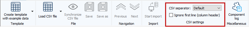 Barra de herramientas, Pestaña Inicio, Configuraciones CSV