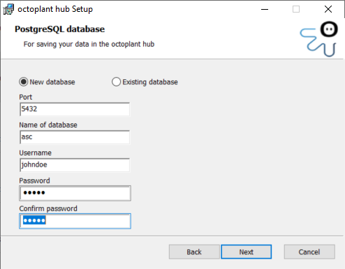 Asistente de instalación, base de datos PostgreSQL