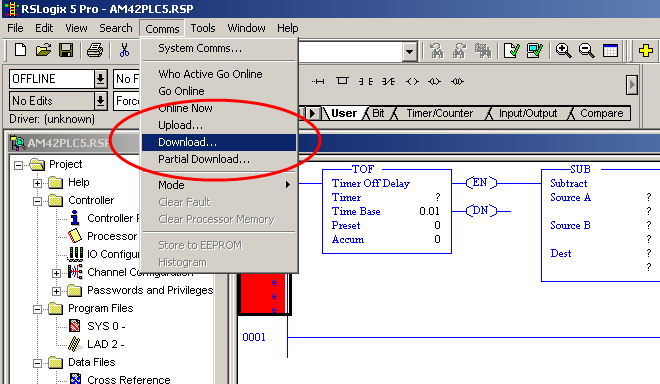 Editor RSLogix RSLogix 5, opción de menú Comms Download