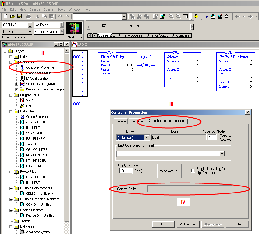 RSLogix 5 Pro Editor, diálogo Propiedades del controlador 