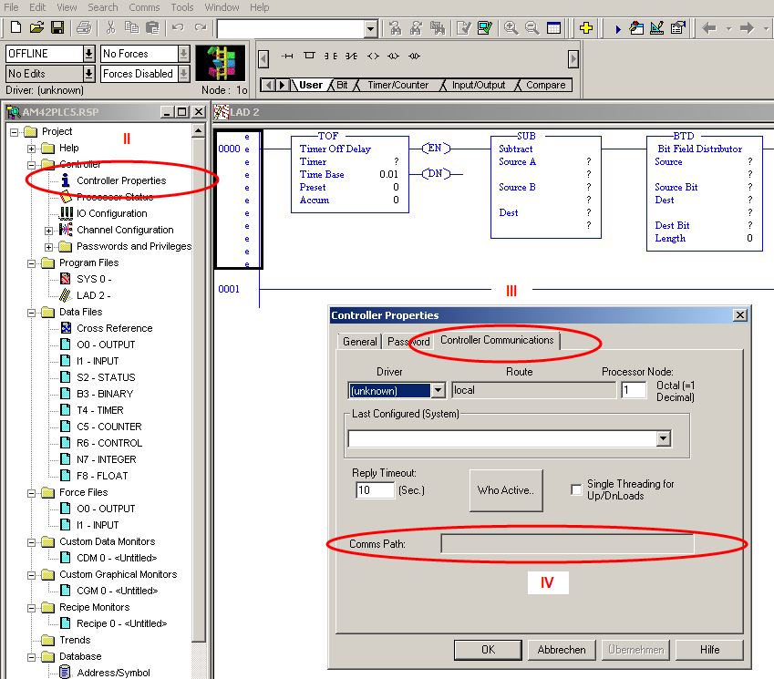 RSLogix 500 Editor, diálogo Propiedades del controlador