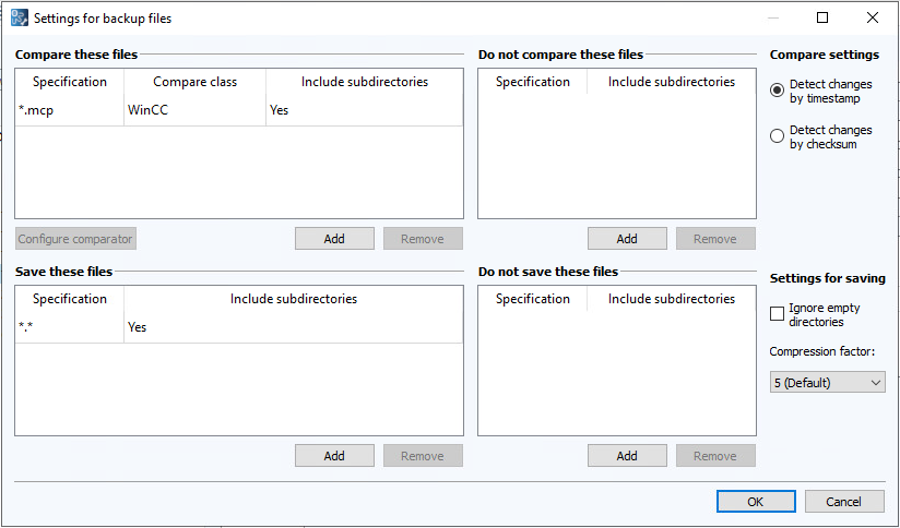 Diálogo Configuración de los archivos de copias de seguridad