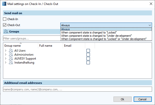 Diálogo Configuraciones de correos electrónicos para Check-in/Check-out