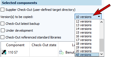 Diálogo Check-out, Componentes seleccionados, Selección de versiones