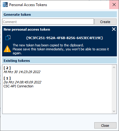 Abbildung: Dialog Persönliche Zugriffstoken, neues Token erstellt