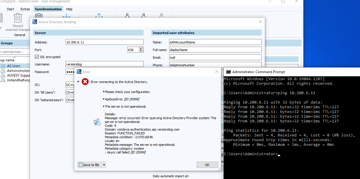 Abbildung: Fehler beim Verbinden mit Active Directory