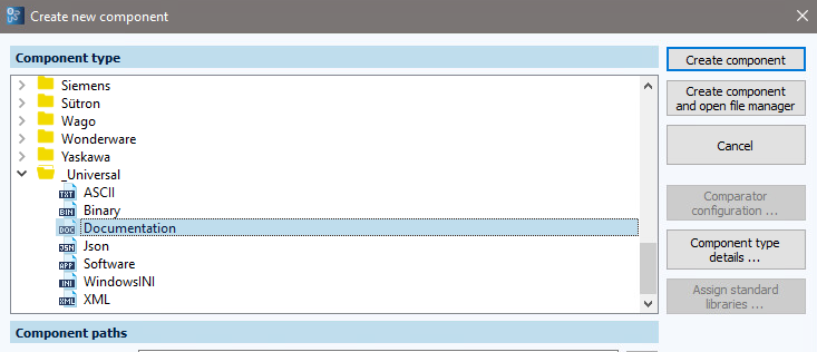 Abbildung: Dialog Komponente erstellen, Komponententyp Documentation
