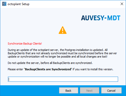 Abbildung: Installationsassistent, Hinweis zur Synchronisation der BackupClients