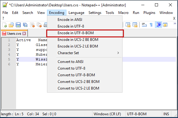 Abbildung: Benutzer/Gruppen mit UTF-8-BOM codieren