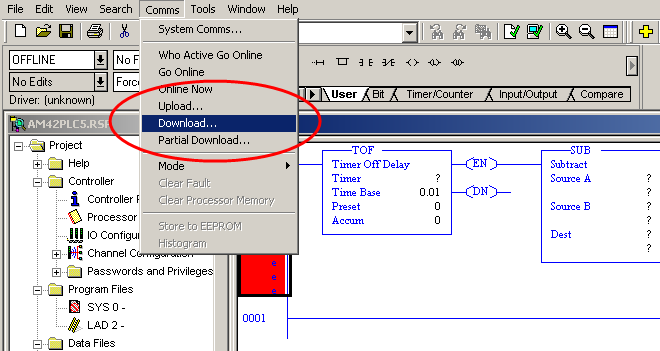 Abbildung: RSLogix 500 Editor, Menüpunkt Comms Download