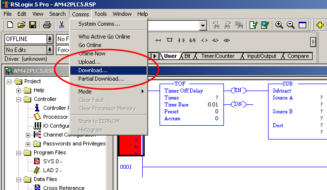 Abbildung: RSLogix 5 Pro Editor, Menüpunkt Comms Download