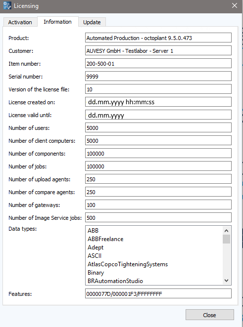 Figure: Licensing dialog, Information tab
