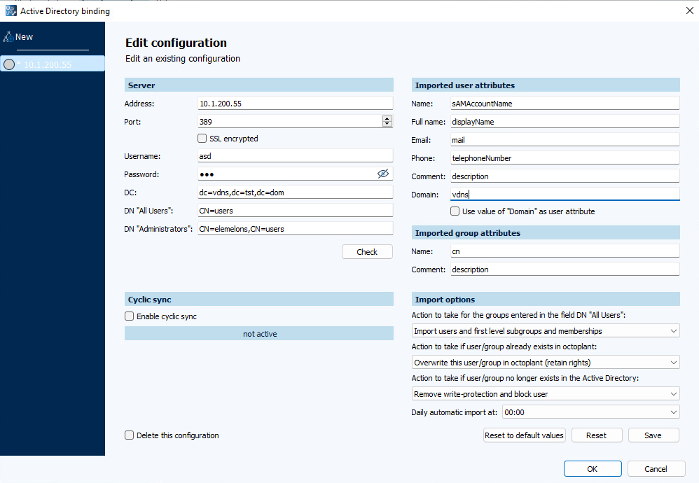 Figure: Active Directory connection dialog