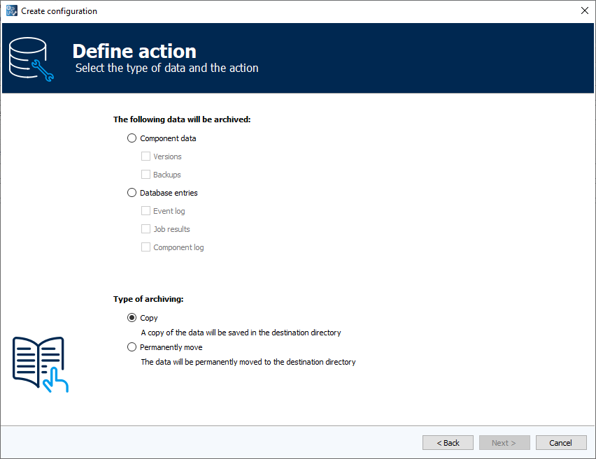 Figure: Archive manager module, Define action