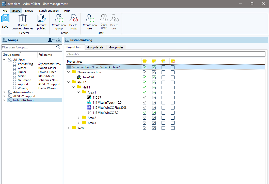 Figure: User management module, assigning rights