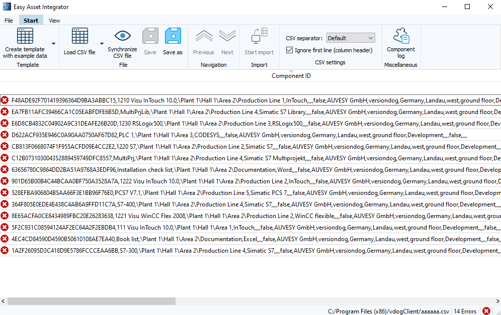 Figure: Easy Asset Integrator dialog, error in the file