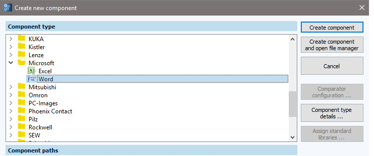 Figure: Create new component dialog, Microsoft Word component type