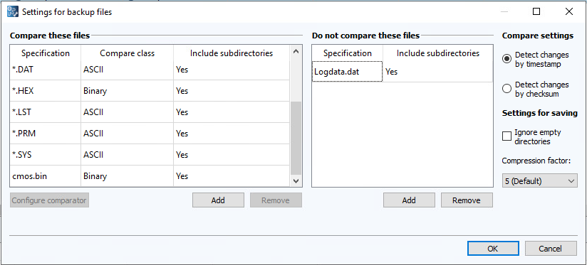 Figure: Backup file configuration dialog, Comparison of the cmos.bin file