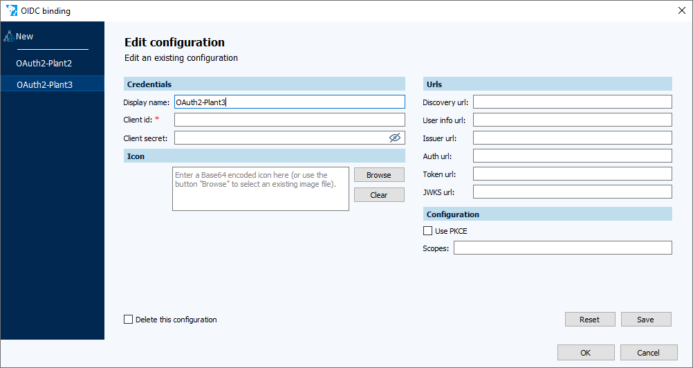 Figure: OIDC binding dialog, multiple configurations