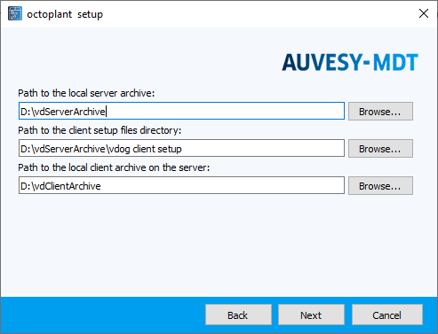 Figure: Installation wizard, specifying paths for server and client archives