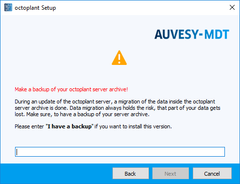 Figure: Installation wizard, Note on Backup of the server archive