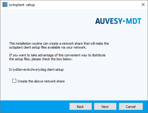 Figure: Installation wizard, creating a network share