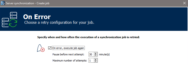 Figure: Server synchronization dialog, On error page