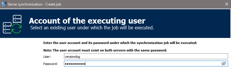 Figure: Server synchronization dialog, Account of the executing user page