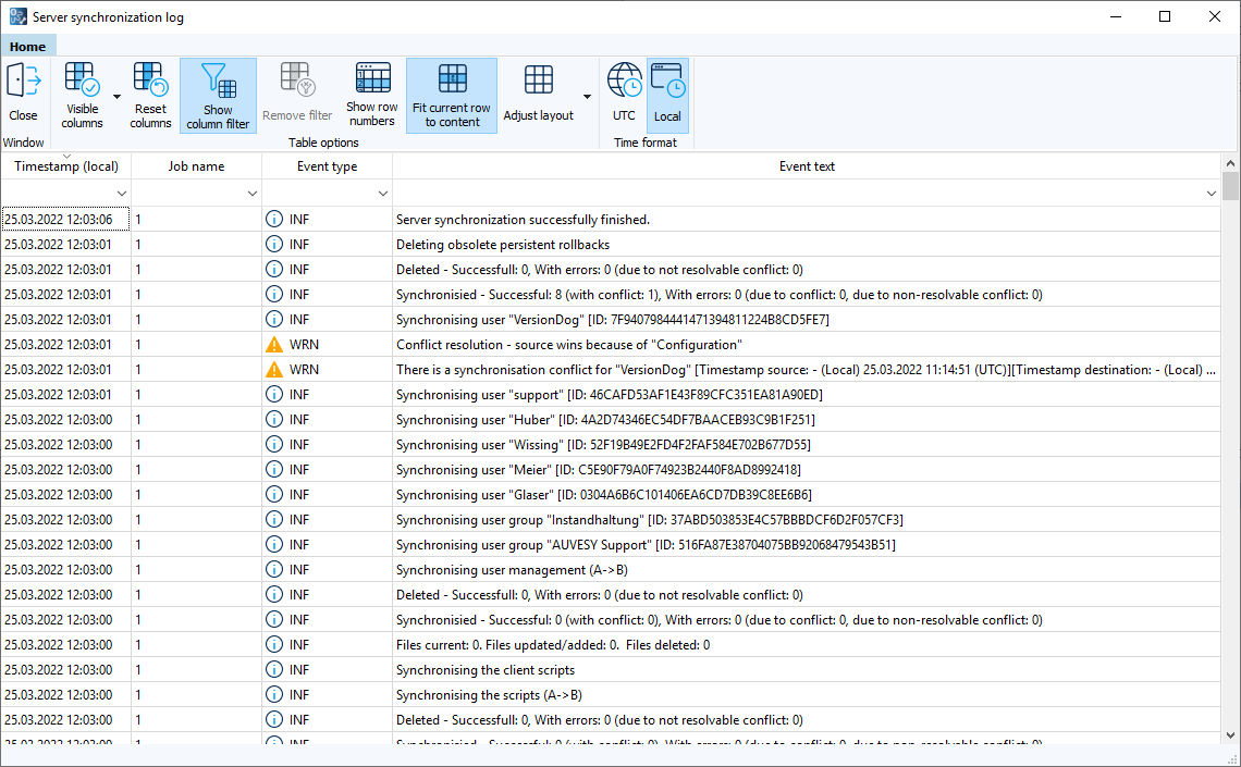 Figure: Server synchronization log dialog