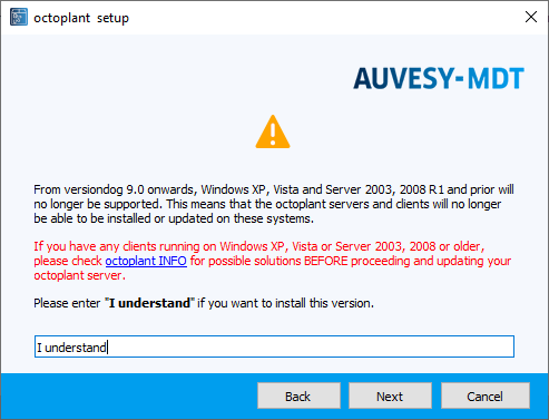 Figure: Installation Wizard, note on Windows XP and Server 2003