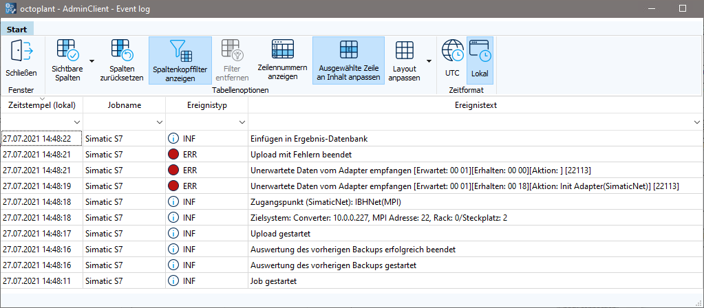 Figure: Module event log, connection via port not possible