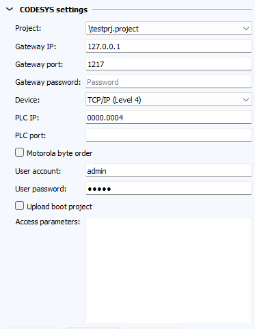 Figure: Job configuration, CODESYS settings section