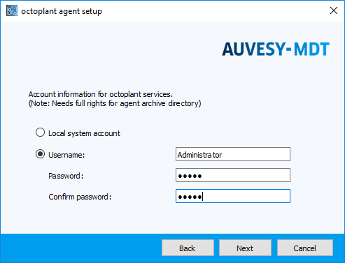 Figure: Installation wizard, user account specification