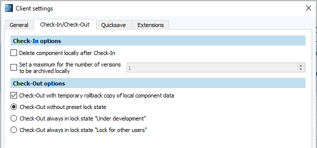 Figure: Client settings dialog, Check-In / Check-Out tab