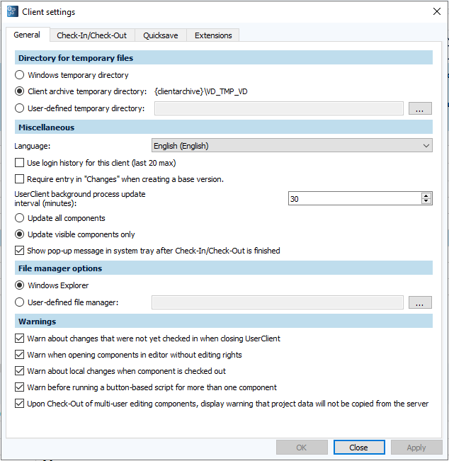 Figure: Client settings dialog, General tab