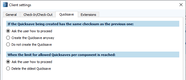 Figure: Client settings dialog, Quicksave tab