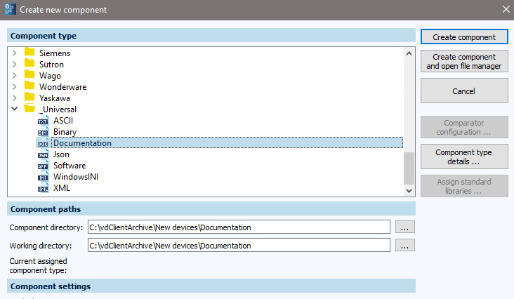 Figure: Create new component dialog, Documentation component