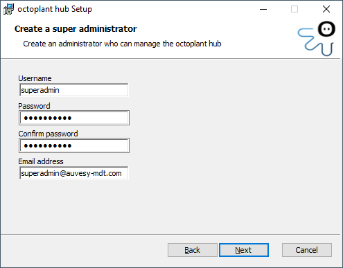 Figure: octoplant hub Setup, Create a super administrator