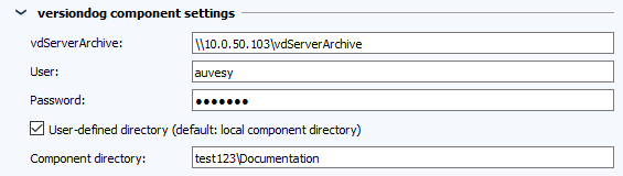 Figure: Job configuration, versiondog component settings section