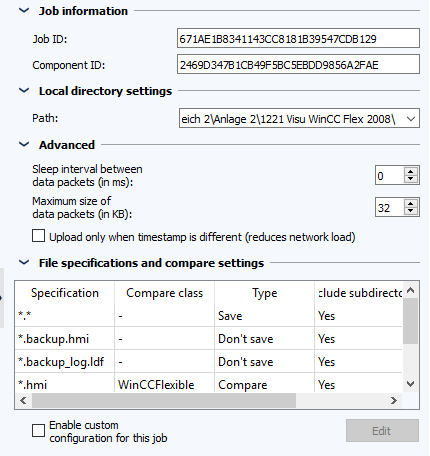 Figure: Job configuration, Local directory settings and Advanced sections