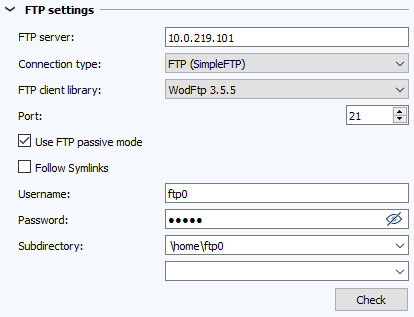 Figure: Job configuration, FTP settings section