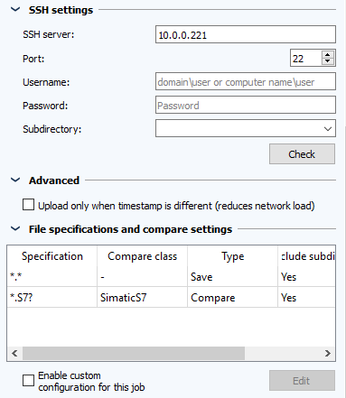 Figure: Job configuration, SSH settings and Advanced sections