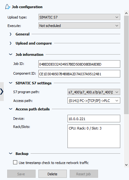 Figure: Job configuration, sections SIMATIC S7 settings and details of the access path