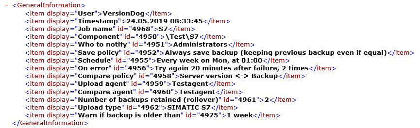 Figure: Job configuration, XML file, GeneralInformation element