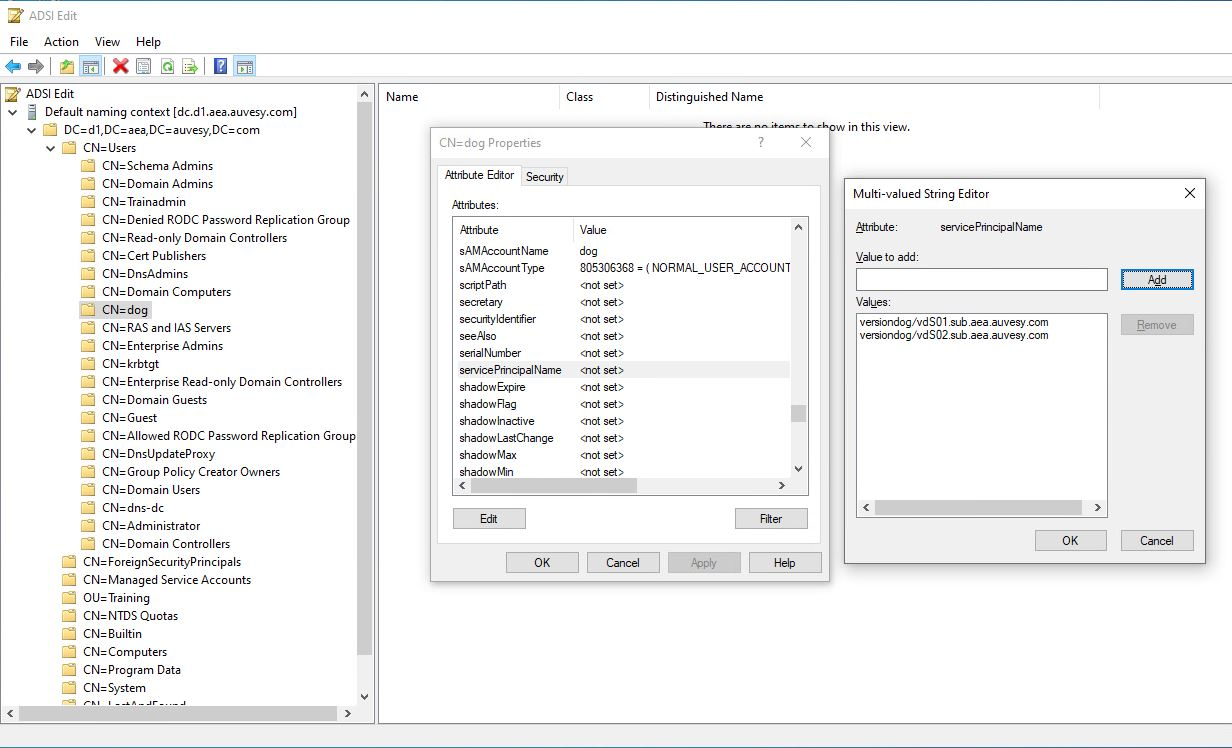 Figure: ADSI editor, store SPN