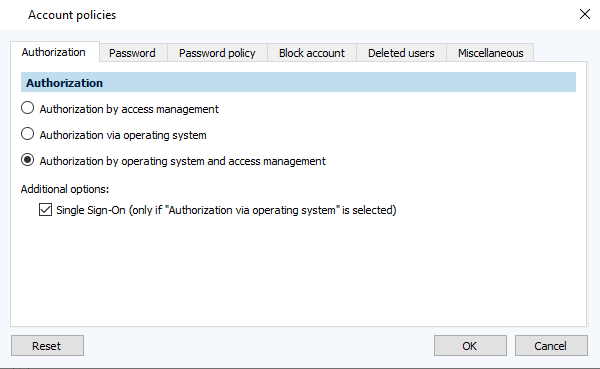 Figure: Account policies dialog, Authorization tab