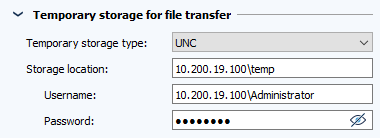 Figure: Job configuration, section temporary data storage for data transfer
